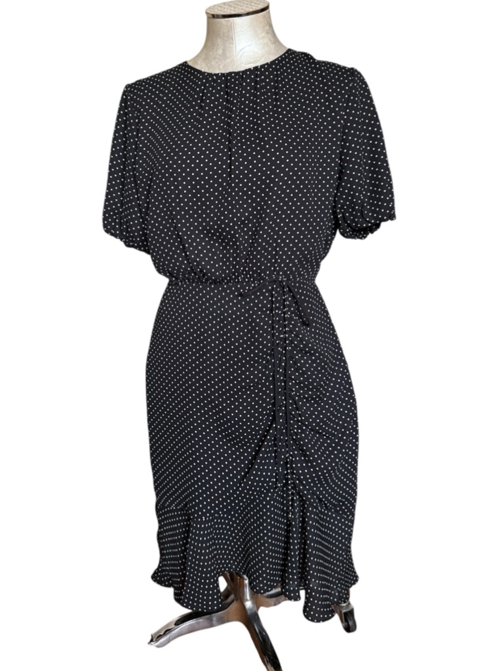 Sam Edelman Black White Polka Dot Midi Dress Size 6 Ruffle Ruched Hem